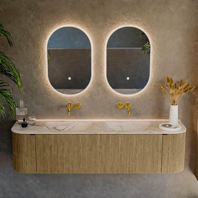 MONDIAZ KURVE-DLUX meuble de salle de bains 170cm arrondi à gauche + à droite couleur Dusk avec 1 tiroir et 2 portes. Lavabo LEAF double sans trou de robinet Nata.