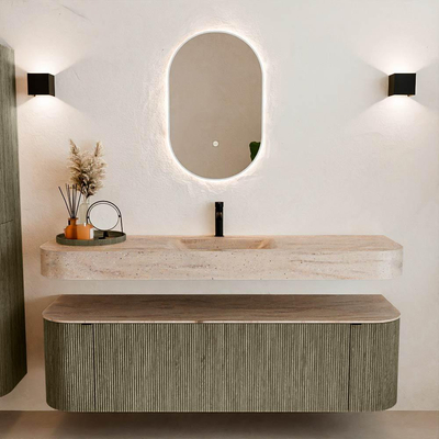 MONDIAZ THOR-DLUX 160cm meuble de salle de bains arrondi gauche + droite couleur Shadow avec 1 tiroir et 2 portes. Vasque suspendue CLOUD Milieu 1 trou de robinet couleur Saba.