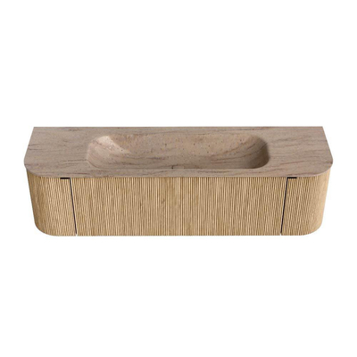 MONDIAZ KURVE-DLUX 160cm badmeubel ronding Links + Rechts kleur Oak met 1 lade en 2 deuren. Wastafel BIG MEDIUM Midden zonder kraangat Saba.