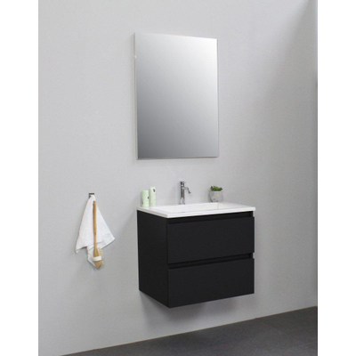 Basic Line Bella Badkamermeubelset - 60x55x46cm - 1 wasbak - Acryl - Wit - 1 kraangat - Wandspiegel zonder verlichting - Spaanplaat Zwart mat