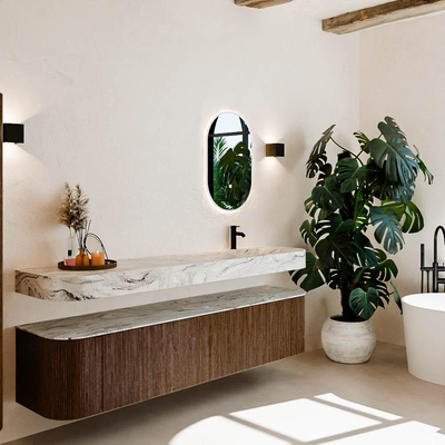 MONDIAZ THOR-DLUX 200cm meuble de salle de bains arrondi gauche + droite couleur Walnut avec 2 tiroirs et 2 portes. Vasque suspendue CLOUD Droite 1 trou de robinet couleur Glace.