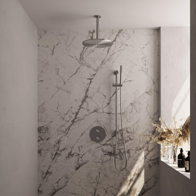 BRAUER Brushed Edition douche de pluie encastrée thermostatique - 3 voies - ronde - set 90 - douche de tête 30cm - bras de plafond - douchette à main barre - flexible de douche - barre de douche intégrée - inox brossé PVD