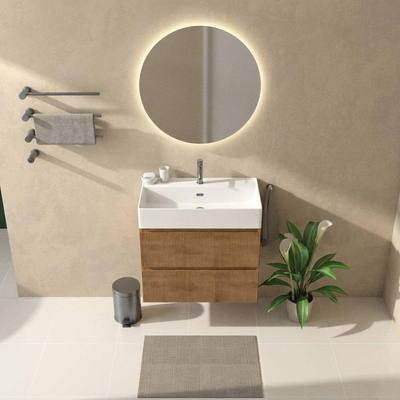 Saniclass Holz Atelier Ensemble meuble de salle de bains - 80x45x72cm - lavabo Legend en céramique blanc - 1 vasque - 1 trou de robinetterie - 2 tiroirs - chêne natural mat (bois)
