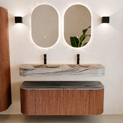 MONDIAZ THOR-DLUX Meuble de salle de bains 130cm arrondi gauche + droite couleur Ruby avec 1 tiroir et 2 portes. Vasque suspendue CLOUD Double 2 trous de robinet couleur Sombra.