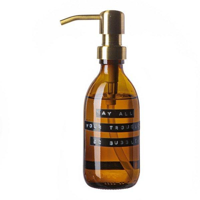 Wellmark Handzeep bruin glas messing pomp 250ml tekst MAY ALL YOUR TROUBLES BE BUBBLES Zwart label