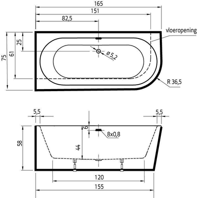 Xenz charley xs baignoire d'angle, droite 165x75 bicolor blanc/ébène incl. 7006 combinaison de remplissage de baignoire graphite