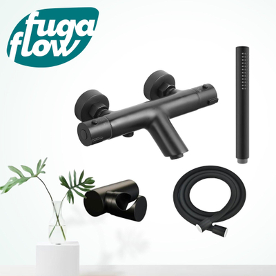 FugaFlow Efficiente Sobrado thermostatische bad-/douchekraan met handdouchehouder, doucheslang en staaf handdouche mat zwart -