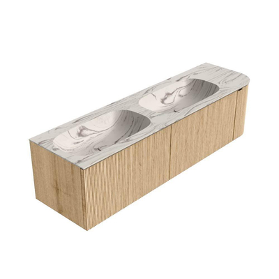 MONDIAZ KURVE-DLUX 165cm badmeubel ronding Rechts kleur Oak met 2 lades en 1 deur. Wastafel STOR SMALL Dubbel / Links 2 kraangaten Nata.