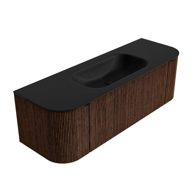 MONDIAZ KURVE 140cm badmeubel met module 25 Len R kleur Walnut met 1 lade en 2 deuren. Wastafel BIG SMALL midden 1 kraangat Urban.