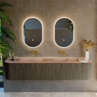 MONDIAZ KURVE-DLUX Meuble de salle de bains 200cm arrondi gauche + droite couleur Shadow avec 2 tiroirs et 2 portes. Lavabo STOR SMALL Double sans trou de robinet Saba.