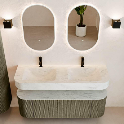 MONDIAZ THOR-DLUX 140cm meuble de salle de bains arrondi gauche + droite couleur Shadow avec 1 tiroir et 2 portes. Vasque suspendue CLOUD Double 2 trous de robinet couleur Opalo.