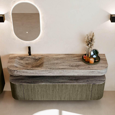 MONDIAZ THOR-DLUX Meuble de salle de bains 170cm arrondi gauche + droite couleur Shadow avec 1 tiroir et 2 portes. Vasque suspendue CLOUD Gauche 1 trou de robinet couleur Oza.