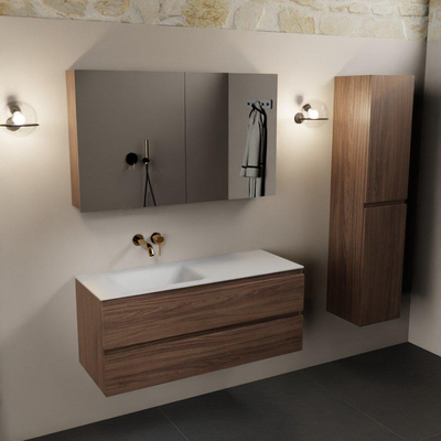Mondiaz Aivy ensemble de meubles de salle de bains - 120x45x50cm - 0 trous de robinet - 1 vasque talc Solid surface - Gauche - 2 tiroirs - Avec armoire de toilette - Mélamine Mocha