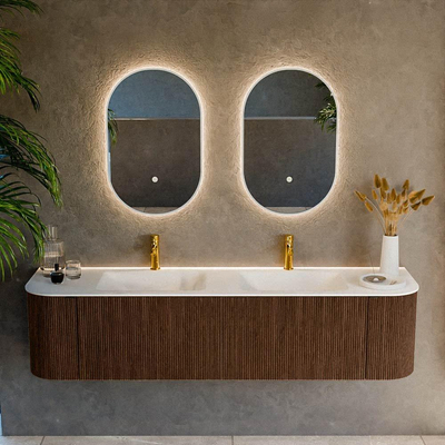 MONDIAZ KURVE 180cm Meuble salle de bain avec module 25 G et D - couleur Walnut - 2 tiroirs - 2 portes - vasque CLOUD double - 2 trous de robinet - Talc