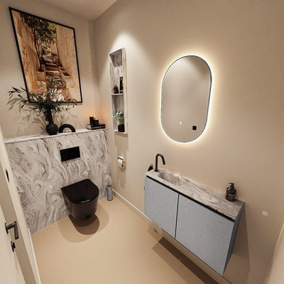 MONDIAZ TURE-DLUX Meuble toilette - 80cm - Plata - EDEN - vasque Glace - position gauche - 1 trou de robinet