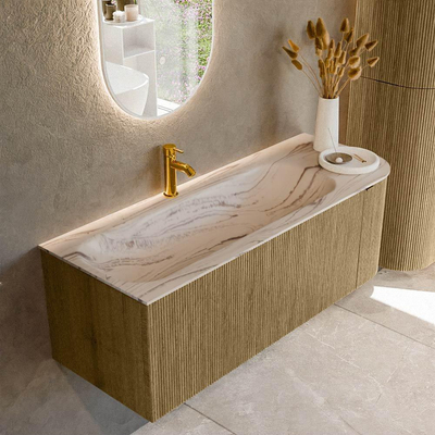 MONDIAZ KURVE-DLUX meuble de salle de bains 125 cm arrondi à droite couleur Dusk avec 1 tiroir et 1 porte. Lavabo BIG MEDIUM à gauche 1 trou de robinet Nata.