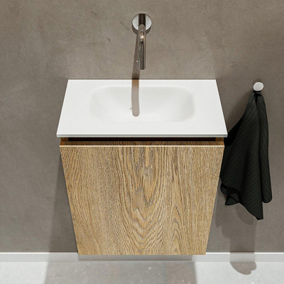 MONDIAZ TURE Kit lave-mains - 40x23x50cm - 0 trous de robinet - 1 porte - chêne blanchi mat - Lavabo centré - Solid Surface Blanc