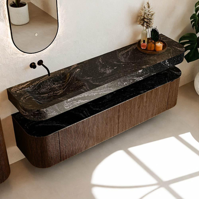 MONDIAZ THOR-DLUX Meuble de salle de bains - 190cm - arrondi gauche + droite - couleur Walnut - 2 tiroirs et 2 portes - Vasque suspendue CLOUD gauche sans trou de robinet - couleur Lava