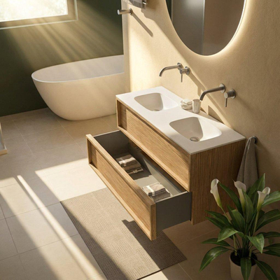 Saniclass Holz Frame Ensemble de meuble de salle de bains - 120x45x61.5cm - Flow lavabo en Solid Surface blanc - 2 vasques - sans trous de robinet - 2 tiroirs - chêne natural mat (bois)