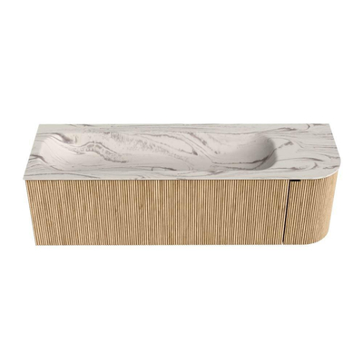 MONDIAZ KURVE-DLUX 145cm badmeubel ronding Rechts kleur Oak met 1 lade en 1 deur. Wastafel BIG LARGE Links 1 kraangat Nata.
