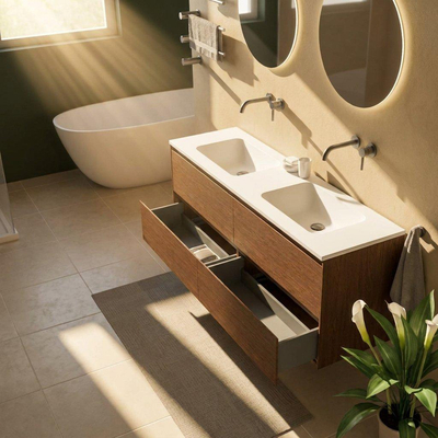 Saniclass Holz Pure Ensemble de meubles de salle de bains - 160x45x77.5cm - lavabo Torino en solid surface blanc - sans trou de robinet - 4 tiroirs - walnut pure mat (bois)