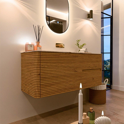 Mondiaz CIRO-DLUX Badkamermeubelset - 120x45x50cm - Solid surface wastafel Nata - 1 wasbak Midden - zonder kraangaten - 2 lades - Oak