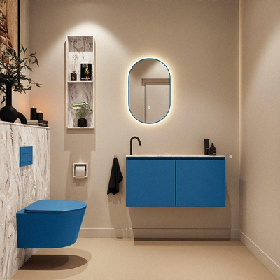 MONDIAZ TURE-DLUX Meuble toilette - 100cm - Jeans - EDEN - vasque Glace - position gauche - 1 trou de robinet