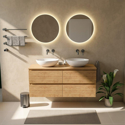 Saniclass Holz Pure Ensemble de meubles de salle de bains - 140x45x62cm - plan de travail en bois - sans trou de robinet - 4 tiroirs - chêne natural mat (bois)