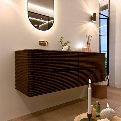 Mondiaz CIRO-DLUX Badkamermeubelset - 150x45x50cm - Solid surface wastafel Oza - 1 wasbak Links - zonder kraangaten - 4 lades - Walnut