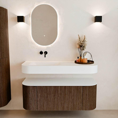 MONDIAZ THOR Meuble de salle de bains 120cm arrondi gauche + droite couleur Walnut avec 1 tiroir et 2 portes. Vasque suspendue CLOUD Gauche sans trou de robinet couleur Talc.