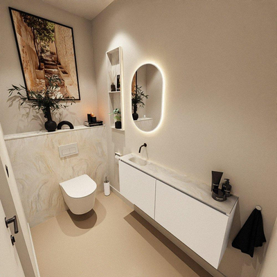 MONDIAZ TURE-DLUX Meuble de toilettes 120cm Talc. Lavabo EDEN Ostra position gauche. Sans trou de robinet.