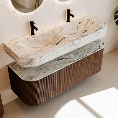 MONDIAZ THOR-DLUX Meuble de salle de bains 130cm arrondi gauche + droite couleur Walnut avec 1 tiroir et 2 portes. Vasque suspendue CLOUD Double 2 trous de robinet couleur Glace.