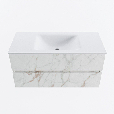 Mondiaz VICA ensemble de meuble de salle de bain - 100cm - meuble sous-vasque carrara - 2 tiroirs - lavabo cloud milieu - 1 trou de robinet - version haute de 60cm - talc