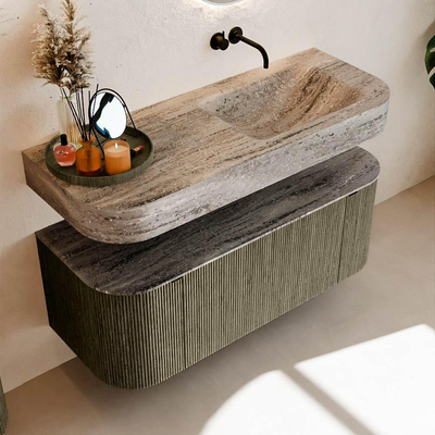 MONDIAZ THOR-DLUX Meuble de salle de bains 120cm arrondi gauche + droite couleur Shadow avec 1 tiroir et 2 portes. Vasque suspendue CLOUD Droite sans trou de robinet couleur Oza.