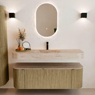 MONDIAZ THOR-DLUX 140cm meuble de salle de bains arrondi gauche + droite couleur Dusk avec 1 tiroir et 2 portes. Vasque suspendue CLOUD Milieu 1 trou de robinet couleur Saba.