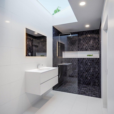 MONDIAZ VICA Ensemble de meuble salle de bain - 100cm - 2 tiroirs - lavabo Moon central - 1 trou de robinet - solid surface talc