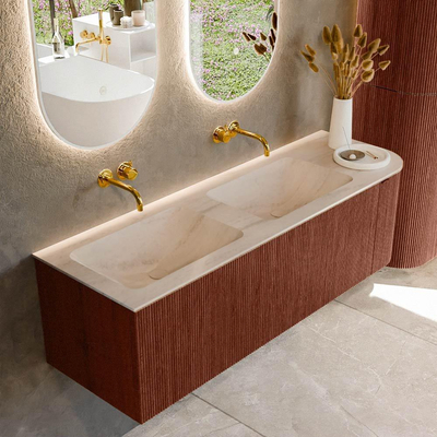MONDIAZ KURVE-DLUX 145cm meuble de salle de bains arrondi Droite couleur Ruby avec 1 tiroir et 1 porte. Lavabo LEAF Double / Gauche sans trou de robinet Meli.