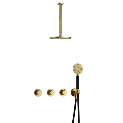 Hotbath Cobber X IBSX70 Regendoucheset inbouw - hoofddouche 20cm - plafondarm 30cm - handdouche rond 3 standen - geborsteld messing - PVD