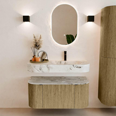 MONDIAZ THOR-DLUX 100cm meuble de salle de bains arrondi gauche + droite couleur Dusk avec 1 tiroir et 2 portes. Vasque suspendue CLOUD Droite 1 trou de robinet couleur Glace.