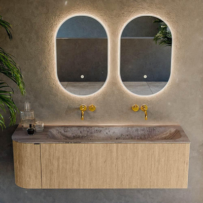 MONDIAZ KURVE-DLUX Meuble de salle de bains 145cm arrondi à gauche couleur Oak avec 1 tiroir et 1 porte. Plan vasque BIG LARGE à droite sans trou de robinet Oza.