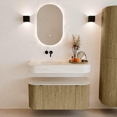 MONDIAZ THOR-DLUX 100cm meuble de salle de bains arrondi gauche + droite couleur Dusk avec 1 tiroir et 2 portes. Vasque suspendue CLOUD Gauche sans trou de robinet couleur Meli.