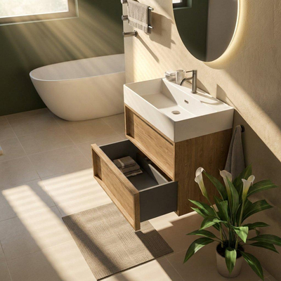 Saniclass Holz Frame Ensemble de meubles de salle de bains - 80x45x72cm - Legend lavabo en céramique blanc mat - 1 vasque - 1 trou de robinetterie - 2 tiroirs - chêne naturel mat (bois)
