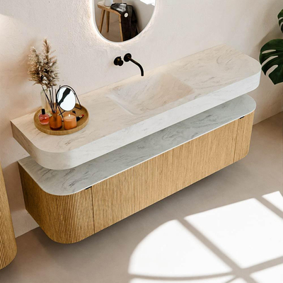 MONDIAZ THOR-DLUX 170cm badmeubel ronding links + rechts kleur Oak met 1 lade en 2 deuren. Vrijhangende wastafel CLOUD Midden zonder kraangat kleur Opalo.