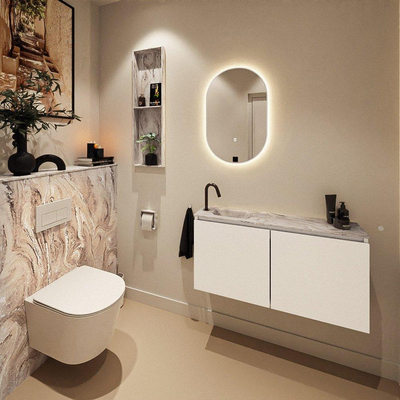 MONDIAZ TURE-DLUX Meuble toilette - 100cm - Talc - EDEN - vasque Glace - position gauche - 1 trou de robinet