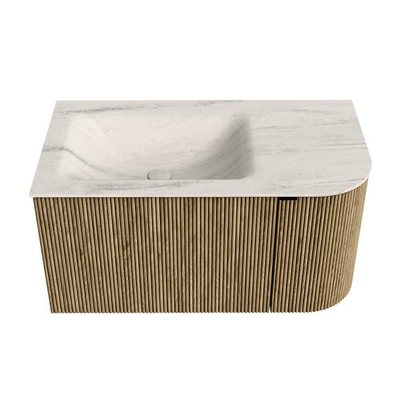 MONDIAZ KURVE-DLUX meuble de salle de bains 85cm courbure droite couleur Dusk avec 1 tiroir et 1 porte. Lavabo CLOUD gauche 1 trou de robinet Meli.