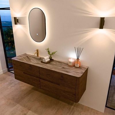 Mondiaz CIRO-DLUX Badkamermeubelset - 160x45x50cm - Solid surface wastafel Sombra - 1 wasbak Links - 1 kraangat - 4 lades - Dusk