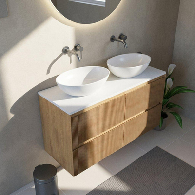 Saniclass Holz Atelier Ensemble de meubles de salle de bains - 120x45x62.5cm - Plan de toilette Torino en solid surface blanc - sans trou de robinetterie - 2 tiroirs - chêne natural mat (bois)