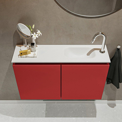 MONDIAZ TURE Toiletmeubel 80x23x50cm met 1 kraangaten 2 deuren fire mat Wastafel Eden rechts Solid Surface Wit