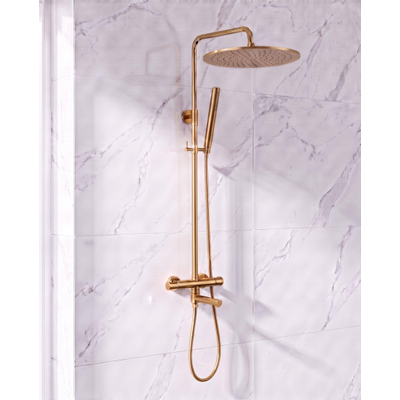 Fortifura Calvi Regendoucheset - thermostatisch - 30cm hoofddouche - gladde slang - staaf handdouche - draaibare baduitloop - Geborsteld Messing PVD (Goud)