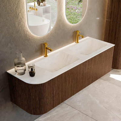 MONDIAZ KURVE-DLUX meuble de salle de bains 145 cm avec module 25 L couleur Walnut avec 1 tiroir et 1 porte. Lavabo LEAF double / à droite 2 trous de robinet couleur Opalo.